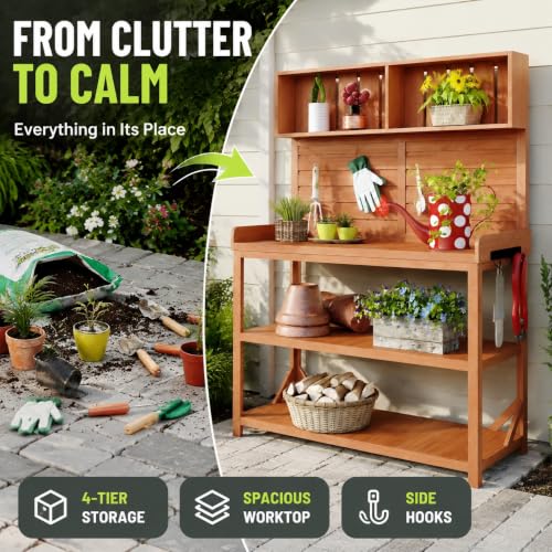 Garden Potting Bench, 65 Inch Wooden Patio Workstation with Storage (Natural) - color: Natural