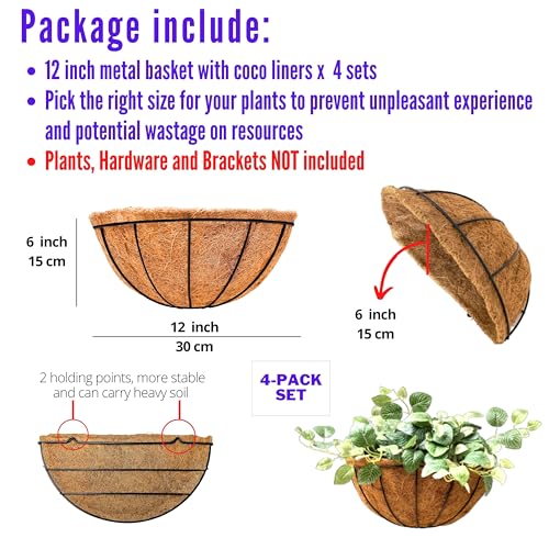 LaLaGreen Hanging Wall Planters (12 in, 4 Pack) Black Metal Flower Baskets - size: 12" x 4 Pack