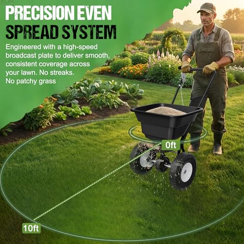 PPOLB Broadcast Spreader for Lawns, 80LB Fertilizer Spreader with 25-Level Flow Control, Walk Behind Lawn Seed & Salt Spreader, 0–10FT Coverage, Hopper Screen, Rain Cover, 12" Pneumatic Wheels - size: 80LBS