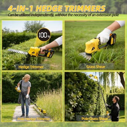 4-in-1 Pole Hedge Trimmer Cordless & Grass Shear, 16FT Reach 4.0 Battery - color: Yellow