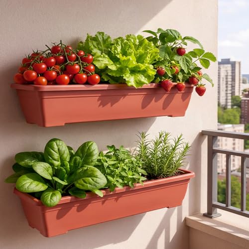Briwooody 4 Pcs 31.5 Inch Extra Large Window Planter Outdoor with Drainage Holes Rectangle Plastic Window Flower Planter Box for Patio Home Decor, Brick Red