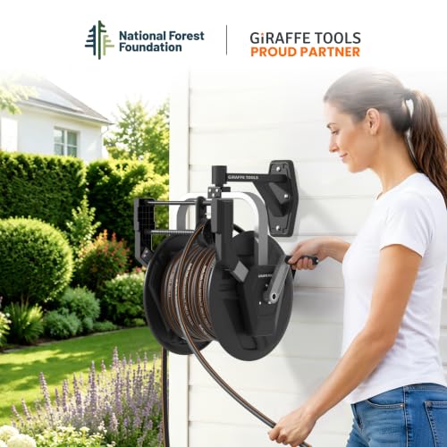 Giraffe Tools Garden Hose Reel, Wall Mounted 125FT 5/8" Hose Capacity, Heavy Duty Water Hose Reel for Outside, Retractable Hose Guide with Crank Handle, 210° Swivel, for Yard Lawn Garage