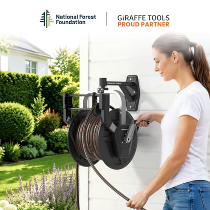 Giraffe Tools Garden Hose Reel, Wall Mounted 125FT 5/8" Hose Capacity, Heavy Duty Water Hose Reel for Outside, Retractable Hose Guide with Crank Handle, 210° Swivel, for Yard Lawn Garage