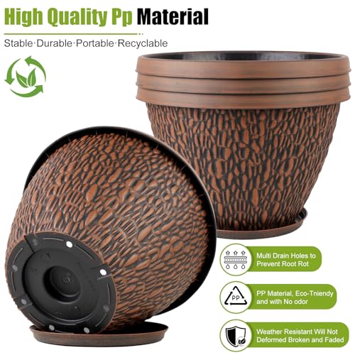 Nooulap Flower Pots Outdoor, 10 Inch Plant Pot, 4 Pack, Brown - color: Pebbles Pattern, size: 10 inch