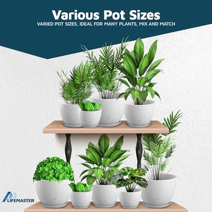 White Gray Plant Pots with Drainage Holes & Saucers 10 Pack, Indoor & Outdoor Stackable Space-Saving Planters for Houseplants & Flowers, (7", 6.7", 6", 5.3", and 4.8" Inches), Durable & Weatherproof