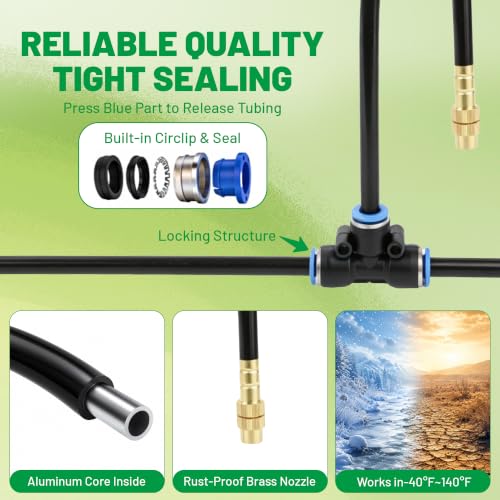 Garden Misting System, 200FT 1/4" Irrigation Tubing with 32 Adjustable Brass Sprinkler Heads, 360° Micro Sprinkler Watering Kit for Raised Beds, Vegetable Garden, Greenhouse & Outdoor Plants - size: 200FT