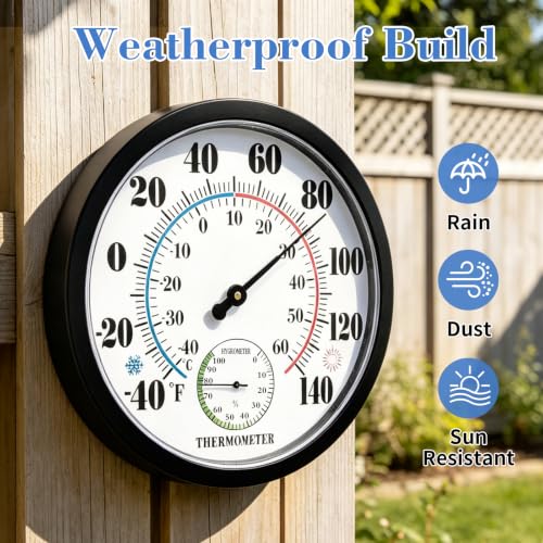 10" Indoor Outdoor Thermometer Hygrometer, Weatherproof Gauge (Black) - color: Black