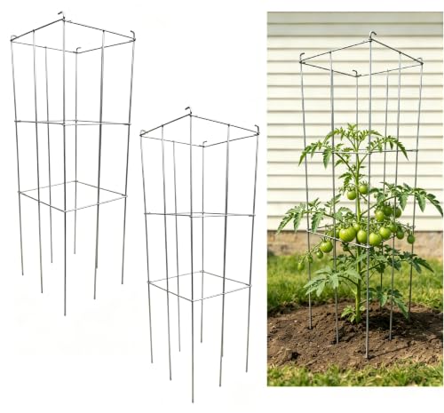 2 Pack 12x39 Inch Galvanized Folding Square Tomato Cages - size: 39in Sq-Galvanized-2Pack
