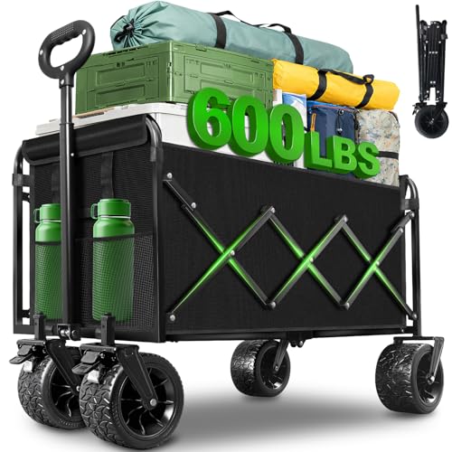 Folding Wagon Cart with All-Terrain Wheels – Heavy Duty Collapsible Utility Wagon for Grocery, Sports, Garden, Camping, Shopping (Black 600LBS) - color: Black_600lbs