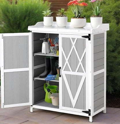 Outdoor Wooden Storage Cabinet with Metal Tabletop, Garden Potting Bench Table with Adjustable Shelf, Weather-Resistant Patio Cabinet for Garden, Lawn, and Backyard