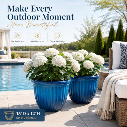 Autodaya 15" Large Planters for Outdoor Plants Set of 2 Plastic Flower Pots - color: 15" Gradient Cobalt Blue Finish