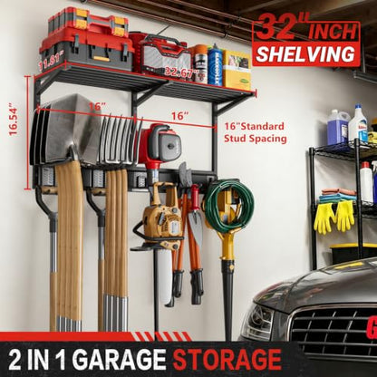 Garage Wall Organizer with Storage Shelves, 32" Garden Tool Organizer with Shelving Units and Hooks Hangers, Heavy Duty Metal Shelf with Shovel Rake Holder, Garage Organization Rack for Yard Shed Lawn