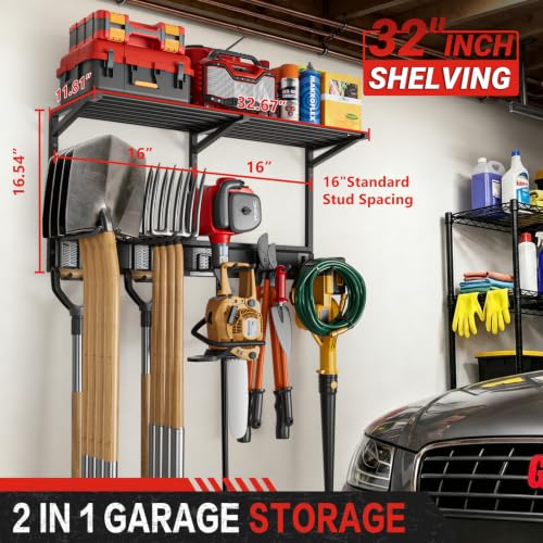 Garage Wall Organizer with Storage Shelves, 32" Garden Tool Organizer with Shelving Units and Hooks Hangers, Heavy Duty Metal Shelf with Shovel Rake Holder, Garage Organization Rack for Yard Shed Lawn