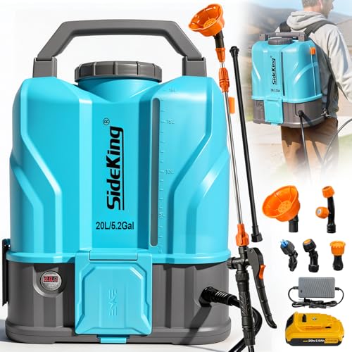 SideKing 5.2 Gallon Battery Powered Backpack Sprayer, 120 PSI Powerful Electric Sprayer Compatible with DeWalt 20V Battery, Max 1.0 GPM, 5 Nozzles & 2 Spray Wands for Lawn, Yard, Weed & Pest Control - size: 5.2 Gallon