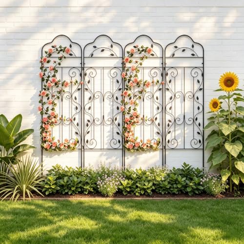hogardeck 4 Packs 60 * 18 inch Metal Garden Trellis for Climbing Plants Outdoor,Heavy Duty,Black Coating Rustproof Trellis for Rose, Vegetable, Flowers, Expandable,Perfect for Training Climbing Plants - size: 60*18 in