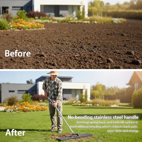 Lawn Leveling Rake 30" x 10" with 78" Adjustable Stainless Steel Handle - Heavy Duty Wide Leveling Tool for Large Areas, Grass & Soil Leveler