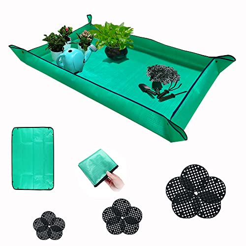 Plant Repotting Mat for Indoor Plants Potting Soil, 43" X 29" Large Plant Repotting Potting Tray, Portable Potting Mat Gardening Tray for House Plants Succulents, with 15 Pieces Pot Hole Mesh Pads