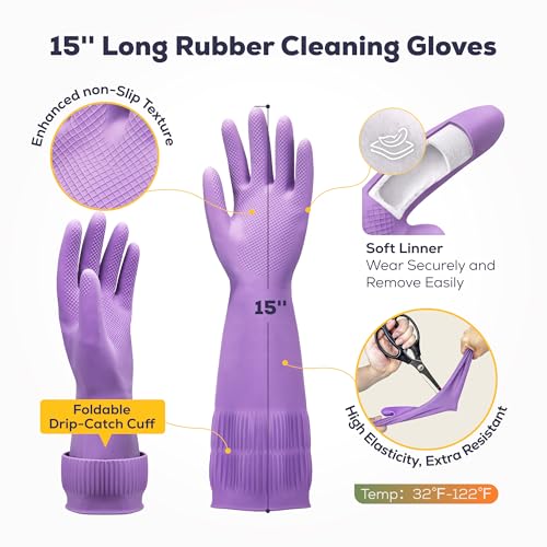 FMP Brands 3/6/12/60 Pairs 15 Inch Extra Long Rubber Dishwashing Gloves - Non-Slip for Cleaning, Kitchen, Bathroom, Gardening - color: Purple, size: Medium (Pack of 6)