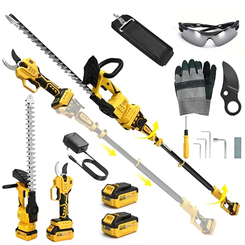 4-IN-1 Electric Pruning Shears+Pole Hedge Trimmer Combo, Hedge and Grass Trimmer Cordless & Tree Pruner with Extension Pole for Shrubs, Bushes, Max 15Ft Reach, Compatible with Dewalt Battery - color: Bright Yellow