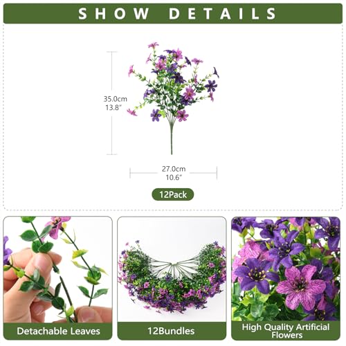 Artificial Flowers for Outdoors Spring Summer Decoration, 12 Bundles Fake Plants UV Resistant Realistic Faux Flower Silk Daisy with Eucalyptus Stem for Patio Planter Porch Yard Window Box Balcony - color: Double Purple, size: 12 PCS