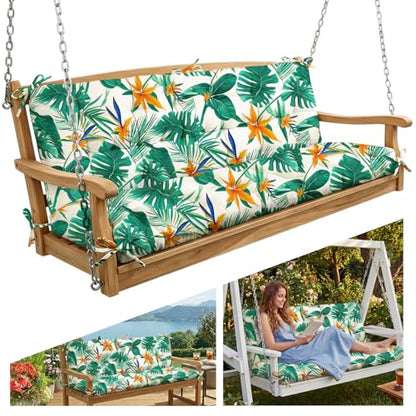 Oxford Fabric Swing Cushions with Backrest & Tie Straps for Patio Bench - color: Monstera Green
