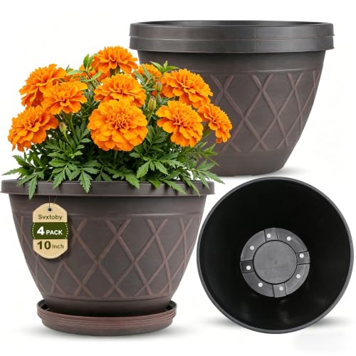4 Pack 10 Inch Plant Pot, Planter Pots with Drainage Holes & Saucers - color: Plaid Pattern-brown, size: 10 Inch - 4Pack