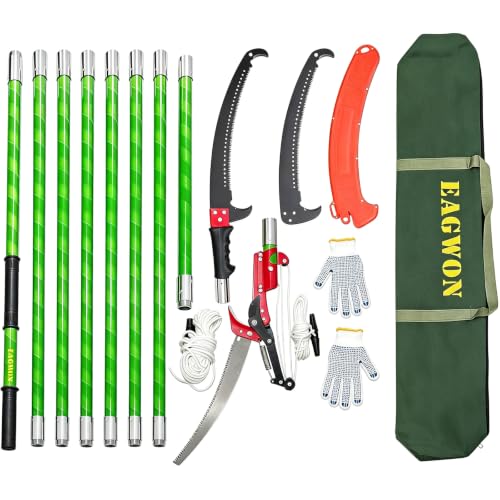 Manual Pole Saw, 7.3-27 ft Extendable Tree Pruner, Sharp Steel Blade & Scissors for High Branches Trimming, Lightweight 8 Fiberglass Handles, Ideal for Backyard/Garden Palm & Shrub Pruning