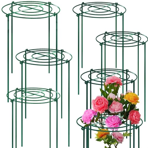 TCBWFY 8 Sets Peony Support Cage, 12" Dia x 24" High, Heavy Duty Metal Plant Support, Grow Through Hoops Grids, 4mm Legs, Green, Round - size: 12"DX24"H-8PCS
