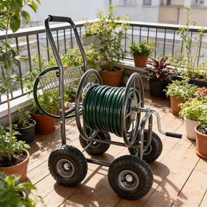 Heavy Duty Garden Hose Reel Cart on Wheels - Portable 4-Wheel Water Hose Holder with Storage Basket, Rust Resistant Outdoor Hose Reel for Easy Watering