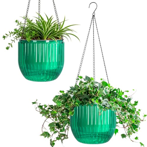 Melphoe 2 Pack Self Watering Hanging Planters Indoor Flower Pots, 8.3 Inch Outdoor Hanging Basket, Plant Hanger with 3Hooks Drainage Holes for Garden Home (Emerald) - color: Emerald, size: 8.3''+8.3''