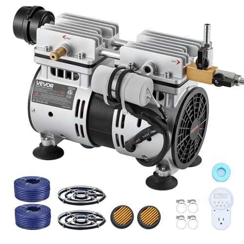 VEVOR Pond Aerators, 5.2CFM Aeration System for Lake up to 3 Acres, 3/4 HP Air Compressor, 2 Diffusesr & Two100' Weighted Tubings, Aeration Pump for Outdoor Ponds & Lakes Deep Water Oxygen Circulation - size: 5.2CFM+2 Nano diffusers