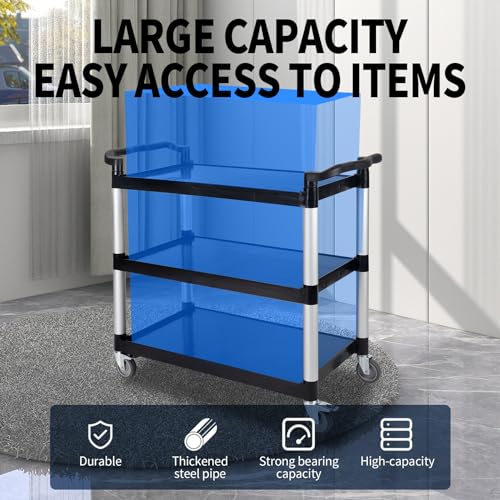 UNICOO® Heavy Duty 3-Tier Rolling Cart, Service Utility Cart on Wheels, 550lbs Capacity, Lockable & Silent Wheels, Anti-Rust, Easy Clean for Restaurant, Office, Dorm, Garage, Kitchen Storage - color: Black