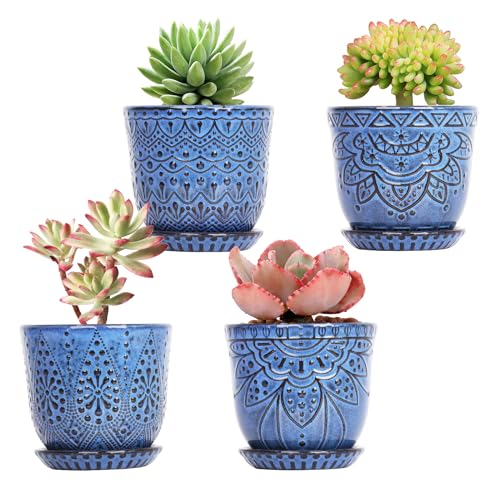 Gepege Ceramic Succulent Pots, 4 Inch Small Plant Pots with Drainage - color: Blue, size: 4 Inch - Set of 4