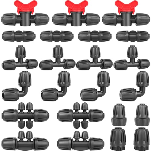 23PCs 1/2 Drip Irrigation Fittings for 1/2 & 1/4 Inch Tubing- Drip Irrigation Parts with 1/4 Reducer Connectors, 3/4 Garden Hose Adapters, Straight Tees, Couplings, Elbows,Valves, End Caps