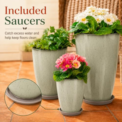 Neoaider Set of 3 Tall Planter, 24/21/12in Large Plastic Planter, DripGlaze - color: Drip Glaze