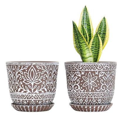 Gepege Ceramic Plant Pots, 6 Inch Indoor Planters with Drainage & Saucers - color: Brown-a, size: 6 Inch - Set of 2
