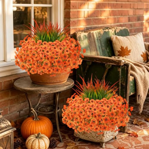 18 Pcs Artificial Fall Flowers for Outdoor, UV Resistant Fake Mums & Grass - color: Orange