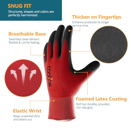 COOLJOB 6 Pairs Gardening Gloves for Men, Breathable Rubber Coated, Xlarge - color: Black & Red (Latex), size: X-Large (Pack of 6)