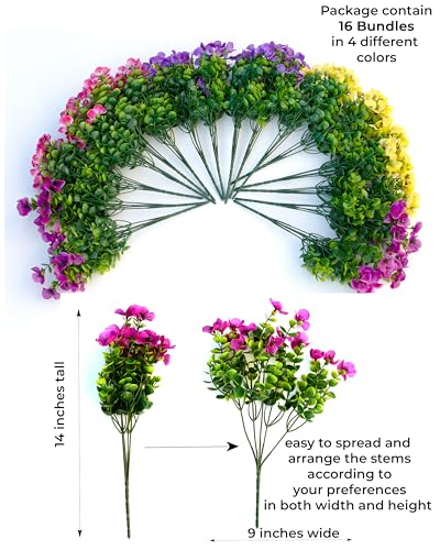 AXYLEX Artificial Pansies Outdoor, 16 Bundles Fake Plants (Yellow Mix) - color: Mixed, 4 Colors Red Pink Purple Yellow