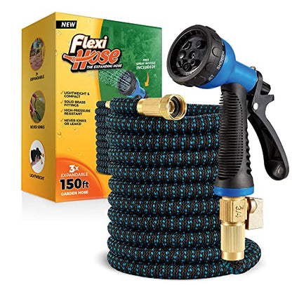 Flexi Hose Expandable Garden Hose with 8 Function Nozzle, 150FT - Lightweight Retractable Garden Hose, Water Hose - No-Kink Flexibility, 3/4 Inch Solid Brass Fittings and Double Latex Core - size: 150ft