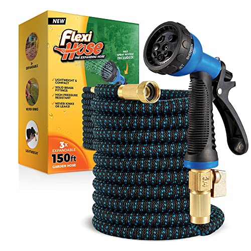 Flexi Hose Expandable Garden Hose with 8 Function Nozzle, 150FT - Lightweight Retractable Garden Hose, Water Hose - No-Kink Flexibility, 3/4 Inch Solid Brass Fittings and Double Latex Core - size: 150ft