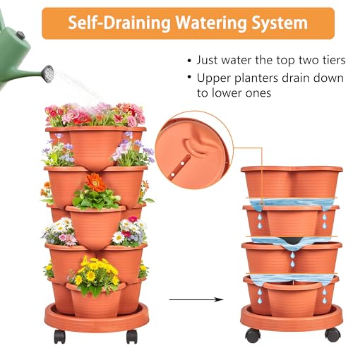 VECELO 5 Tier Vertical Garden Planter, Self Watering Stackable Planters with Wheels for Strawberries, Herbs, Flowers, Vegetables, Red - color: Red, size: 5 Tier