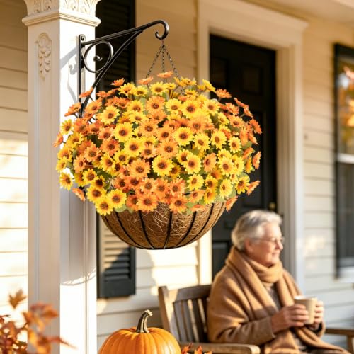 12 PCS Artificial Mums for Outdoors, UV Resistant Fake Fall Flowers - color: Yellow + Orange