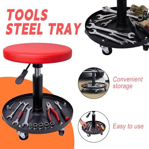 Rolling Mechanic Stool with Wheels Pneumatic Garage Shop Seat,Red - color: Red