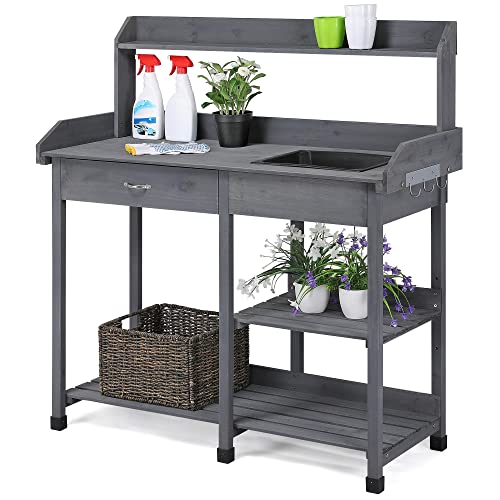 Yaheetech Potting Bench with Sink & Drawer, Outdoor Gardening Table, Gray - color: Gray