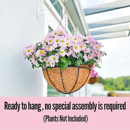 LaLaGreen Round Hanging Baskets (14 in, 2 Pack) Black Metal Coco Liner Pots - size: 14" x 2 Pack