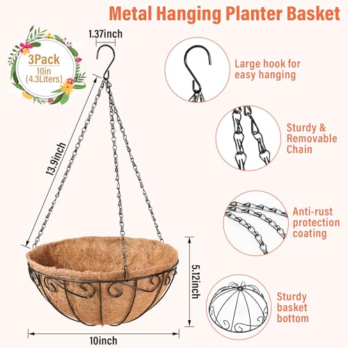 Legigo 3 Pack 10 Inch Metal Hanging Baskets for Plants Outdoor- Round Wire Hanging Planters Basket with Coconut Coir Liner, Hanging Flower Pot for Outdoor Plants Flowers Garden Decorations