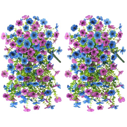 INQCMY 2 Pcs Artificial Fake Hanging Flowers for Outdoors UV Resistant - color: Purple Blue