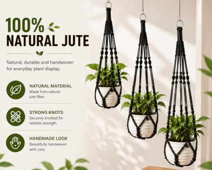 Macrame Plant Hangers with Beads for Indoor and Outdoor, 3 Pack - color: Black