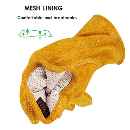 OZERO Leather Work Gloves, Gardening Gloves, Cowhide, Mesh Lining, 1Pair, L - color: Gold With Mesh Linning (1 Pair), size: Large